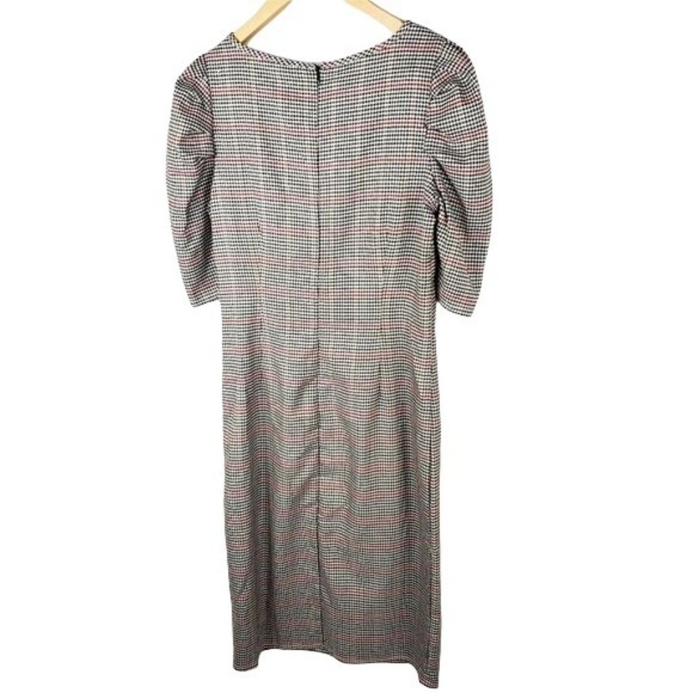 Tacera Herringbone puff sleeves dress Small Cream Pencil Red plaid - Picture 5 of 9